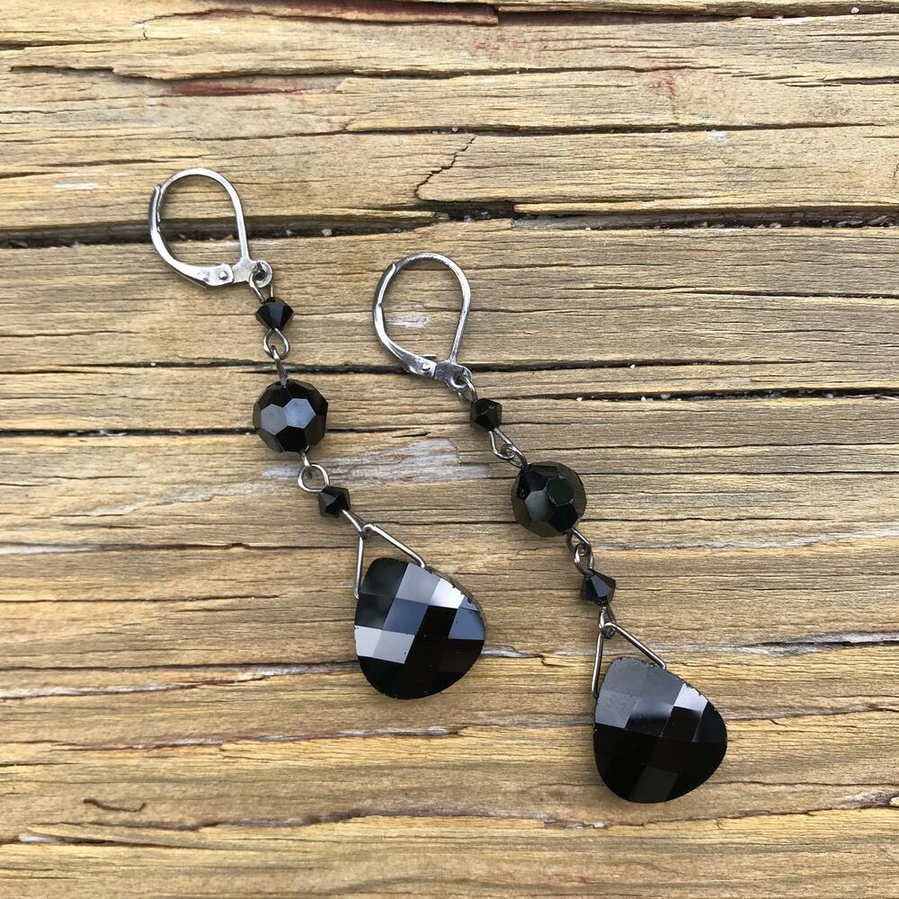 Artisan faceted black cut glass dangle drop earrings
